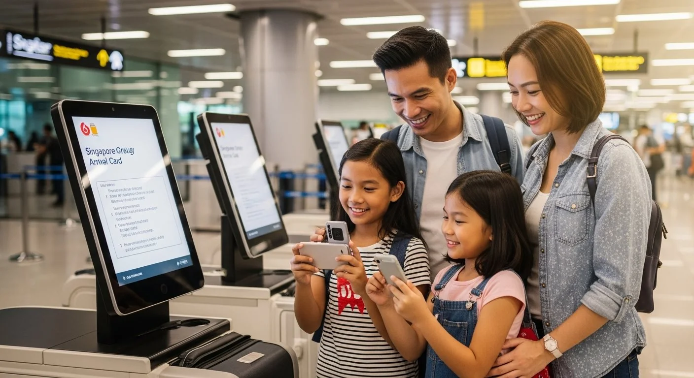 Family traveling together submitting Singapore Arrival Card at Changi Airport