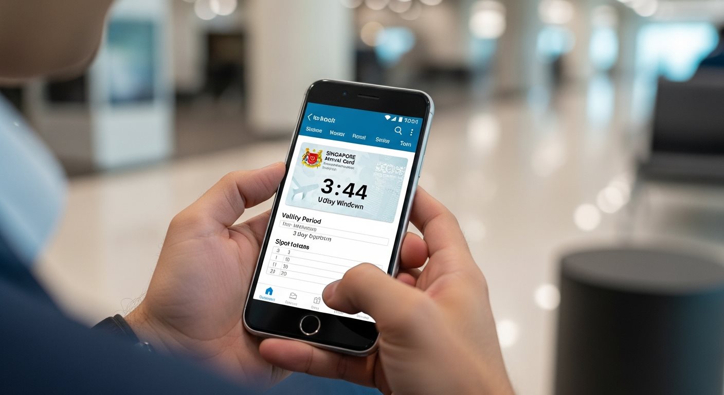 Professional traveler checking Singapore Arrival Card validity period on smartphone